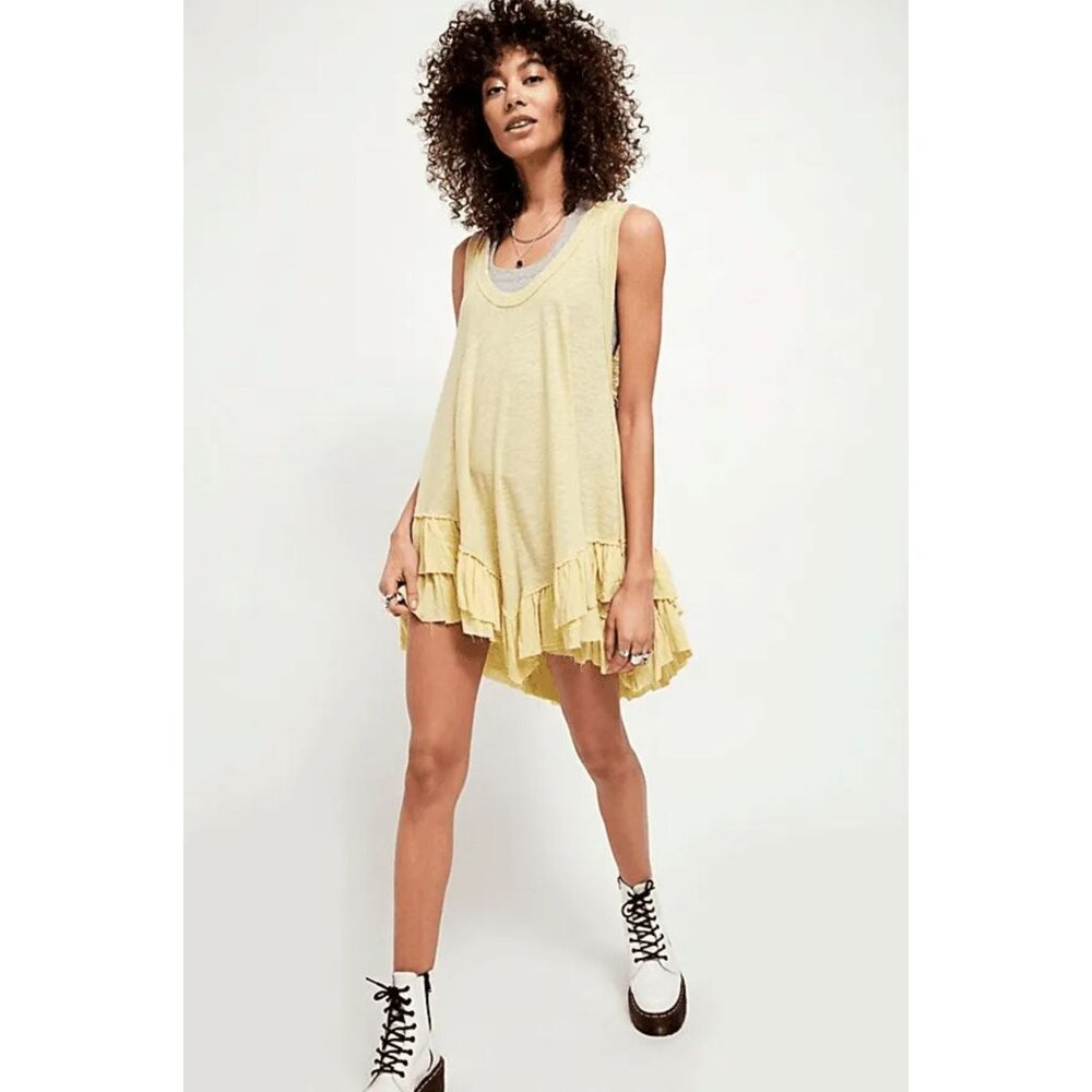 Free People We the Free Sasha Shimmy Ruffle Tunic Tank Mini Dress Yellow XS